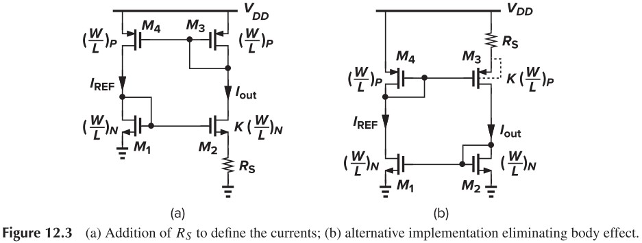 Figure 12.3 (a) Addition of RS to define the currents; (b) alternative implementation eliminating body effect