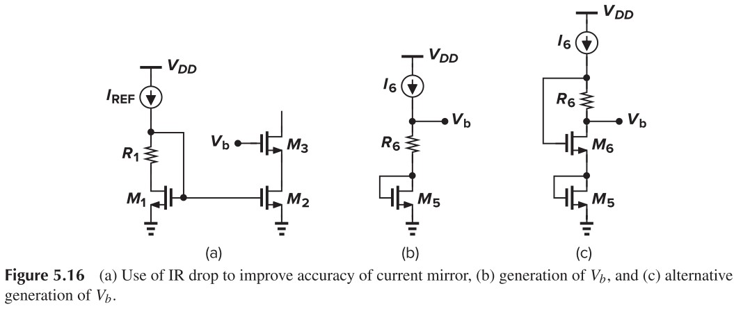 Figure 5.16 (a) Use of IR drop to improve accuracy of current mirror, (b) generation of Vb, and (c) alternative generation of Vb